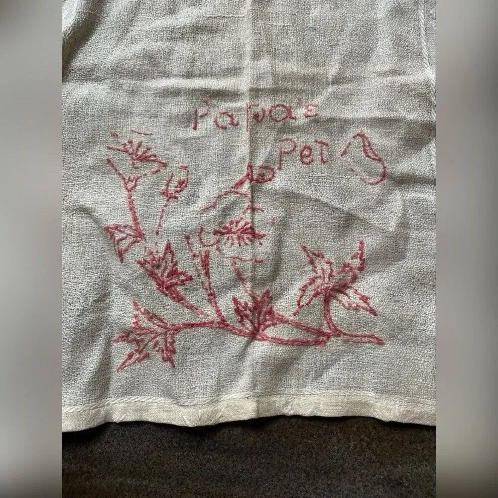 Antique Vintage Baby Girl Bib Cream Silk Linen Pink Embroidered Papa’s Pet